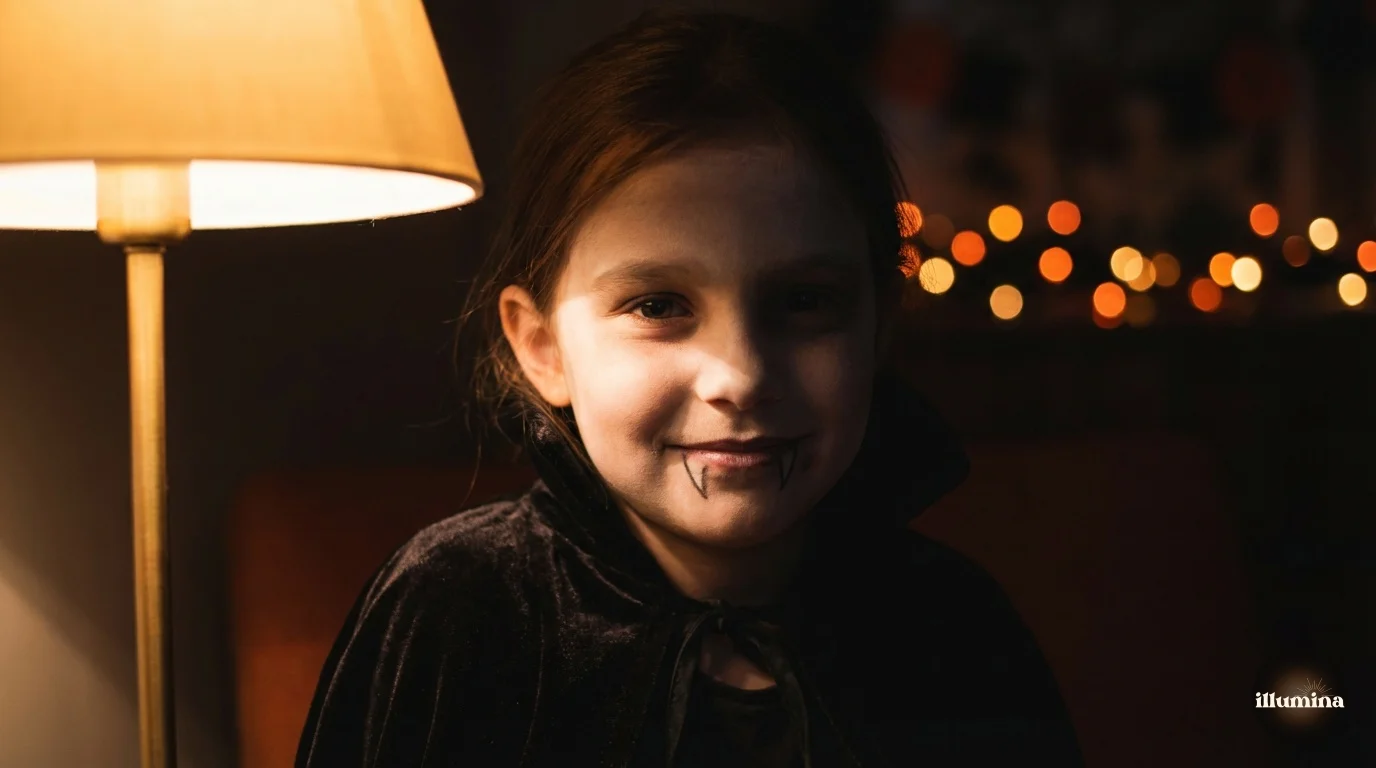 Dramatic side-lit Halloween portrait of a young girl in a vampire costume with deep shadows and warm light