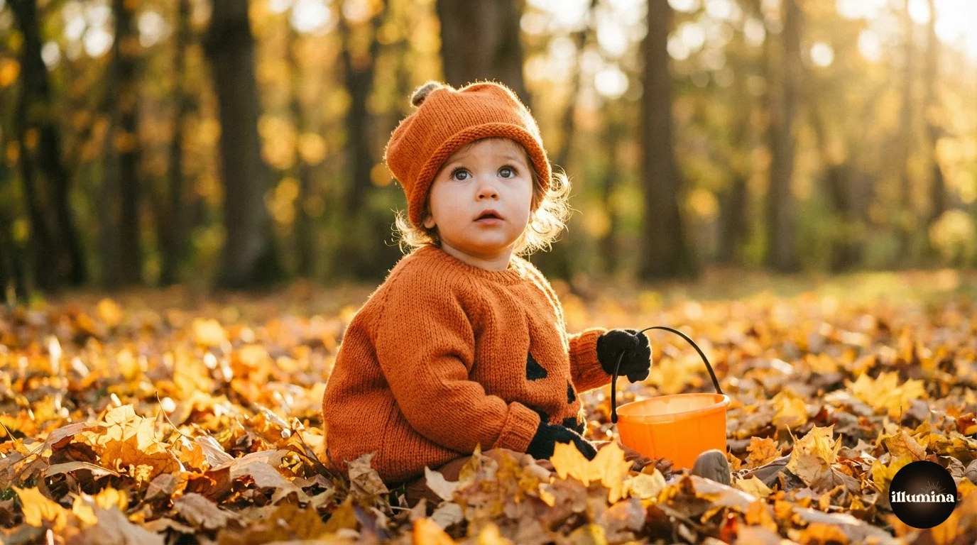 Toddler in a pumpkin costume sitting in a pile of autumn leaves looking up with wonder