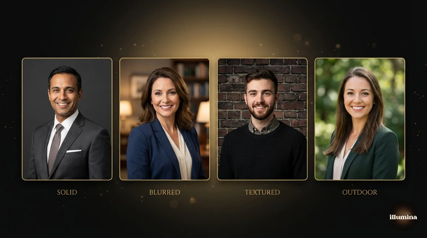 Comparison of professional headshot backgrounds for different industries showing neutral, office, and creative options