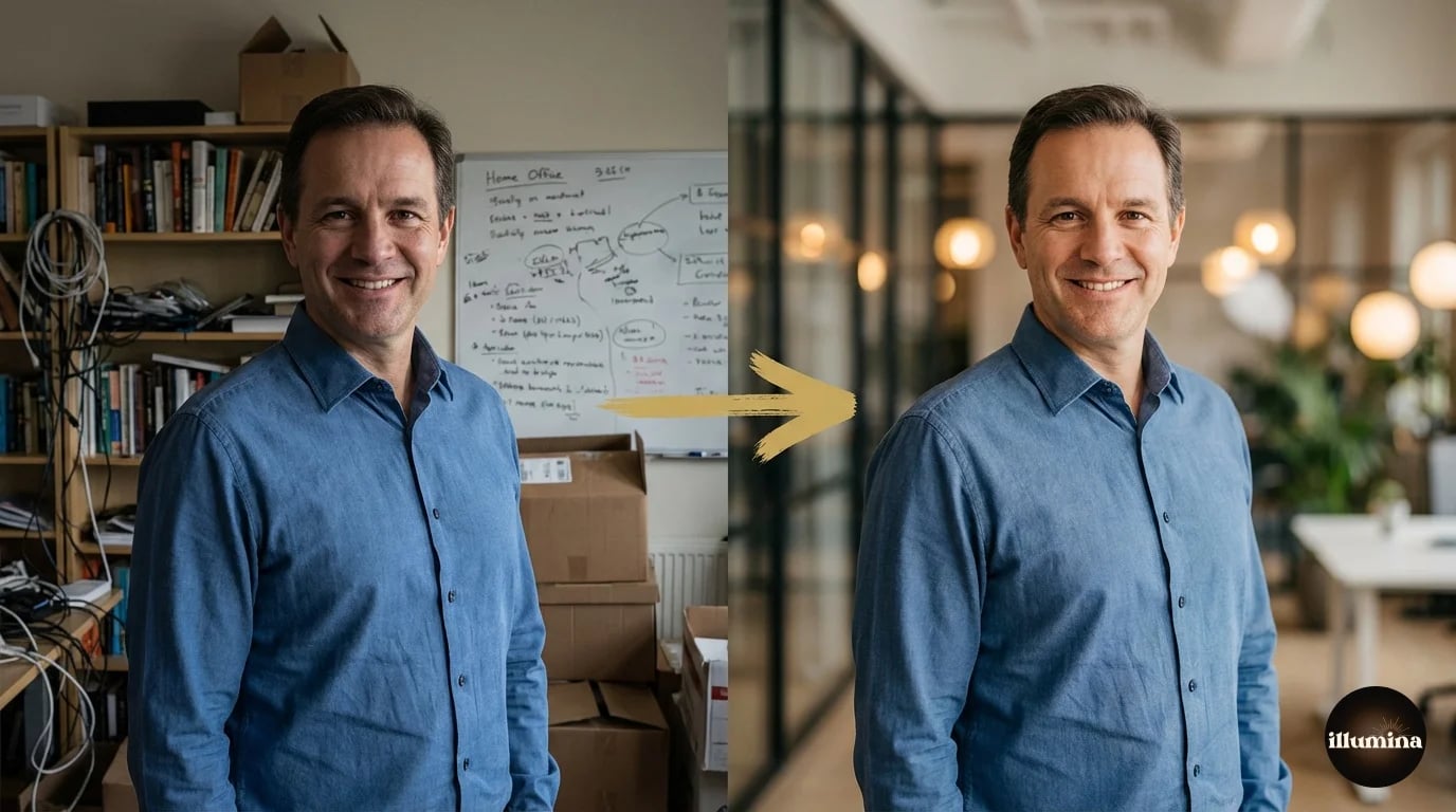 Before and after of a professional headshot with the background replaced from a messy home office to a clean professional setting
