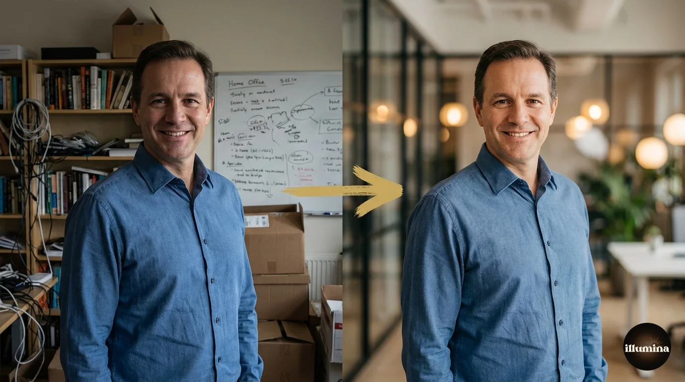 Before and after of a professional headshot with the background replaced from a messy home office to a clean professional setting