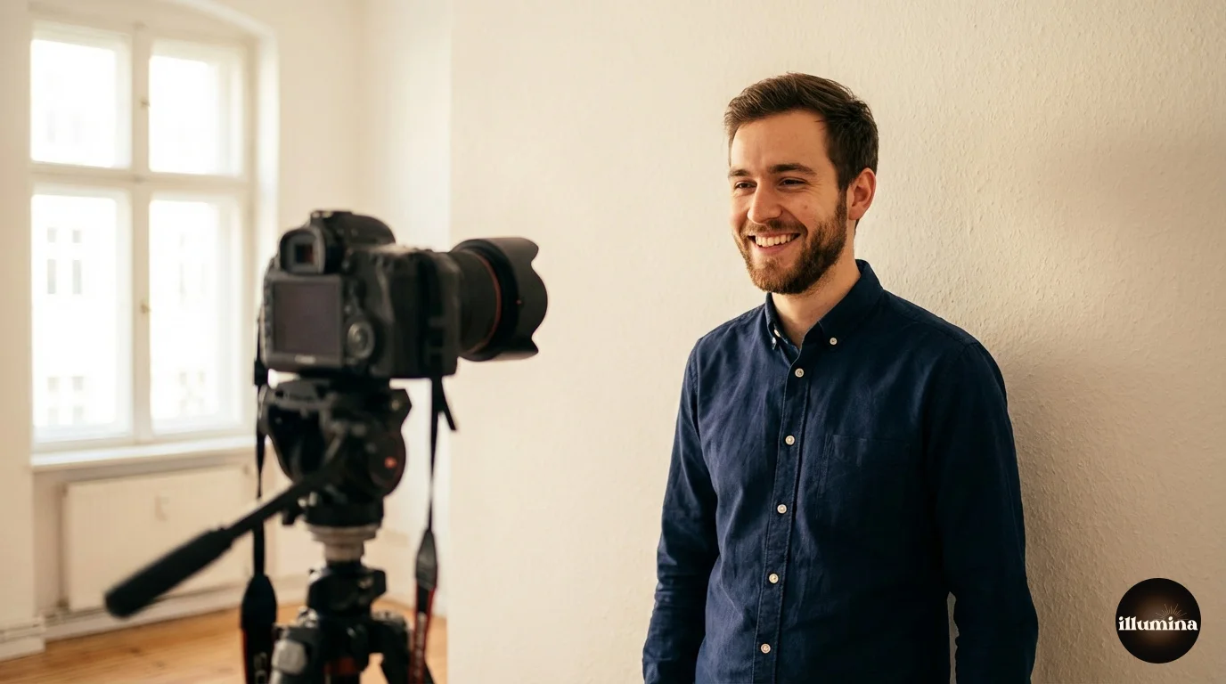DIY professional headshot setup using a plain wall and natural window light