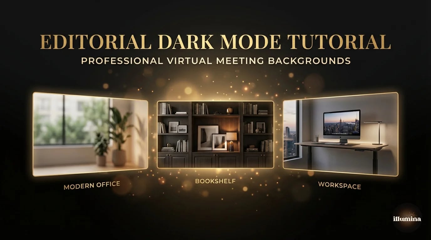 Professional virtual background options for headshots showing office, bookshelf, and modern workspace settings