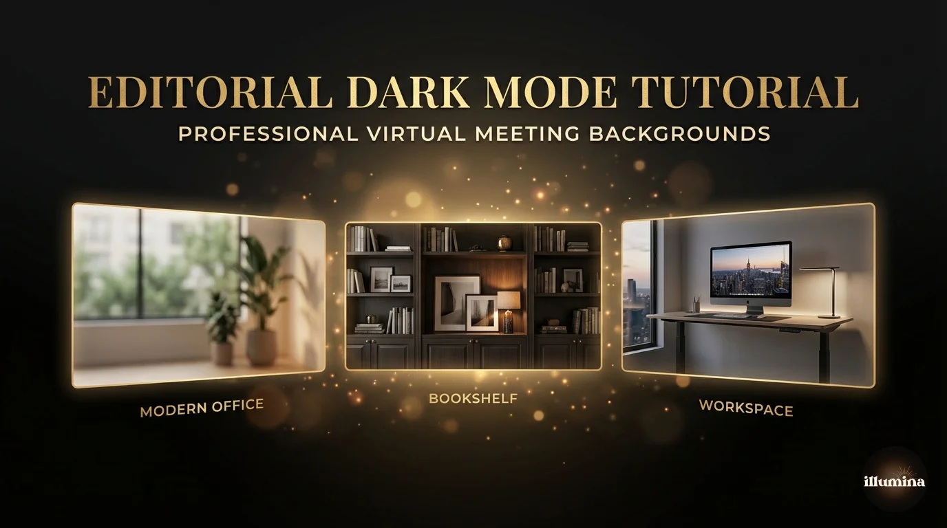 Professional virtual background options for headshots showing office, bookshelf, and modern workspace settings