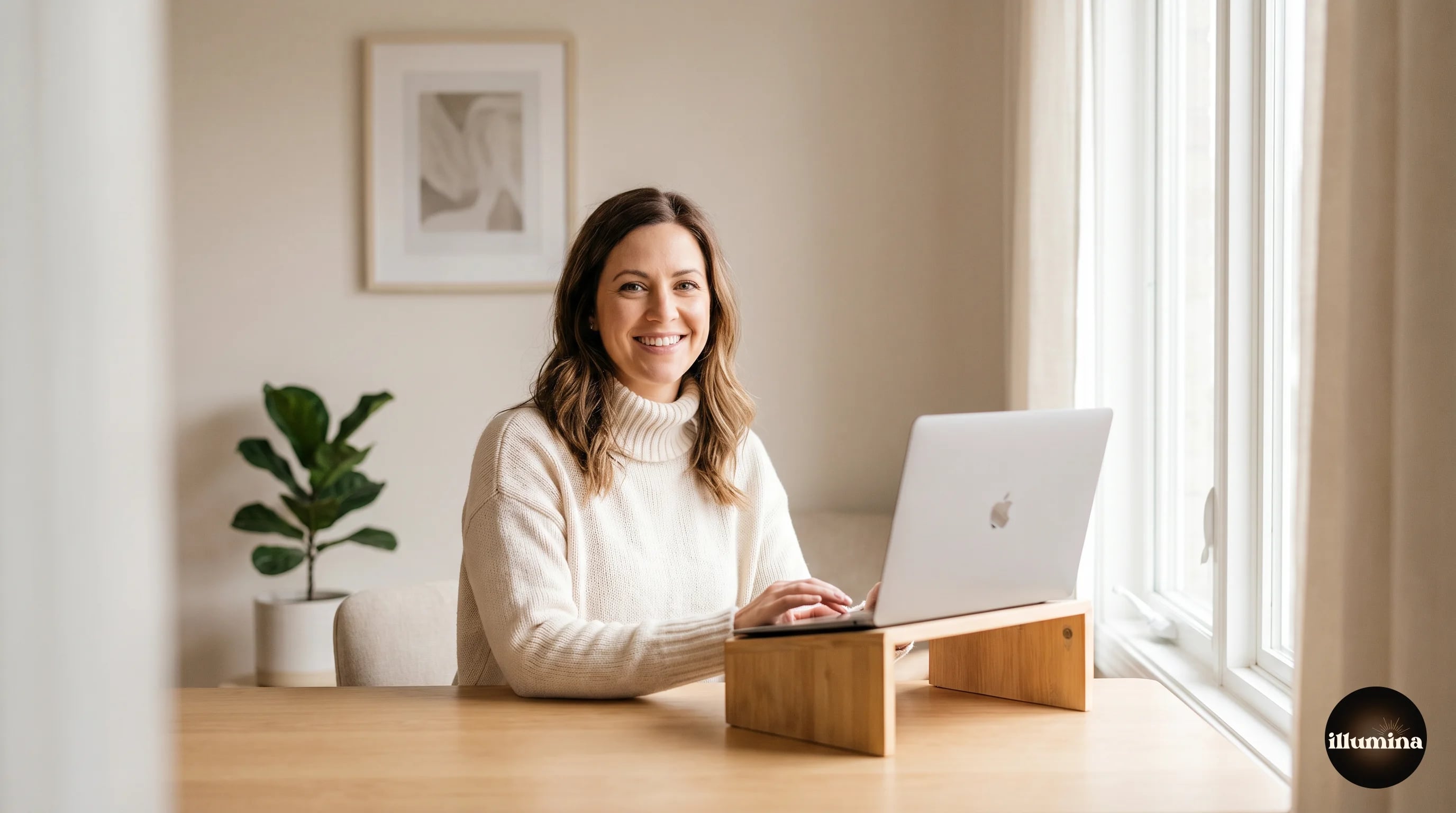 Professional woman on a video call with a clean home office virtual background behind her, laptop elevated to eye level, natural light from a window
