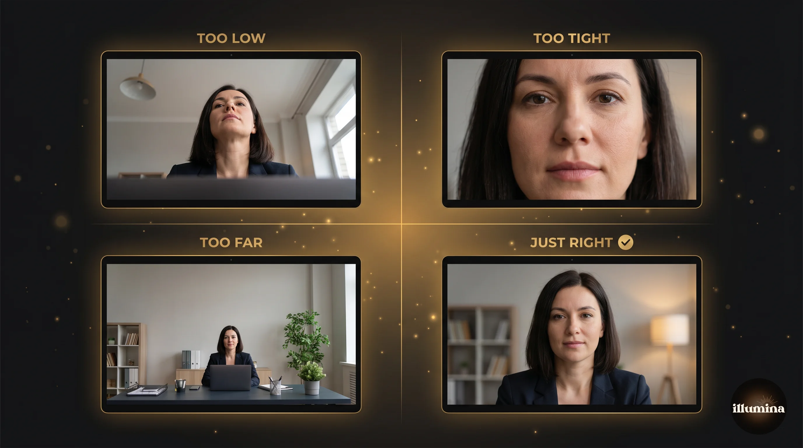 Four examples of good and bad framing on video calls showing rule of thirds, headroom, body angle, and eye contact