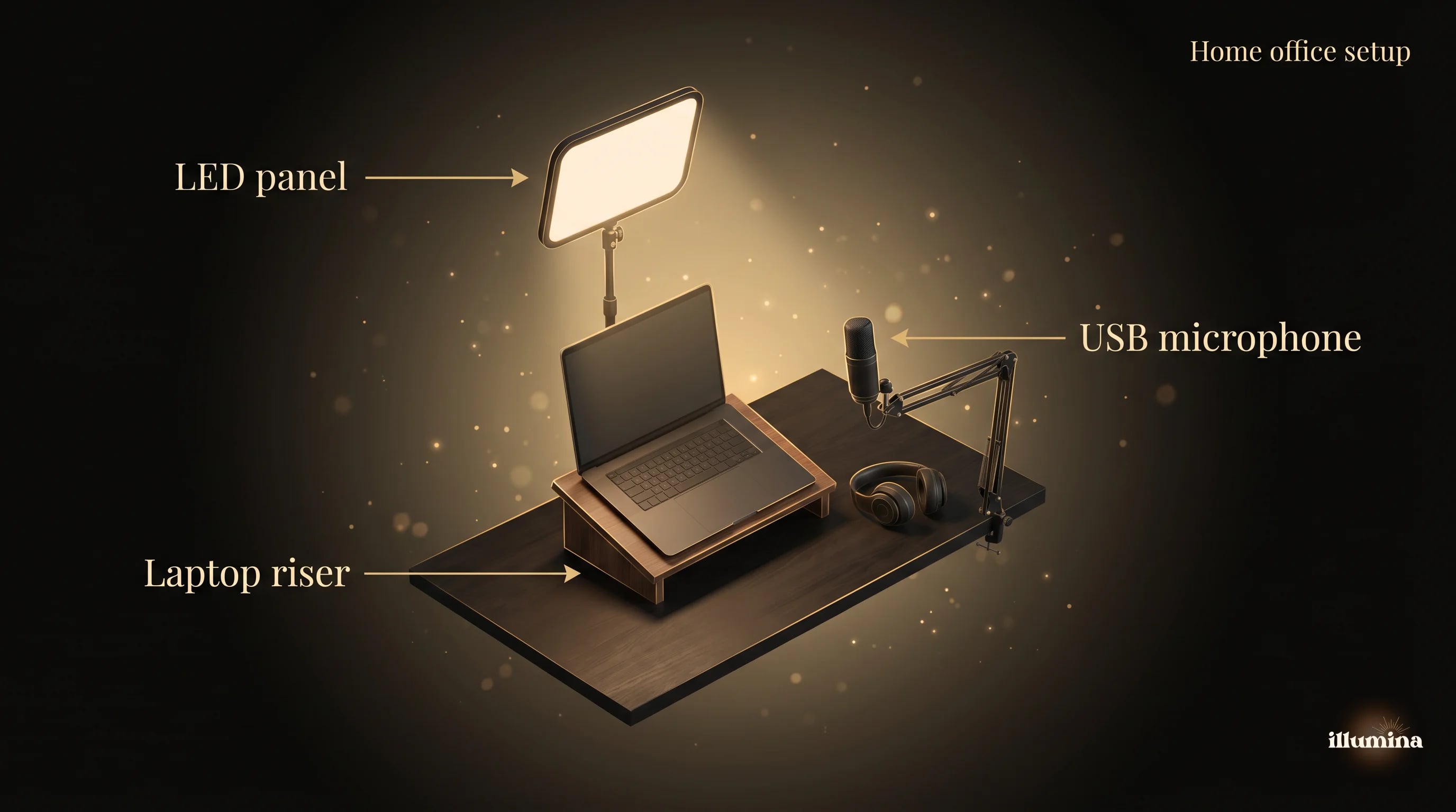 Home office video call setup with an LED panel behind the laptop, laptop raised on a stand, and a simple backdrop behind the chair