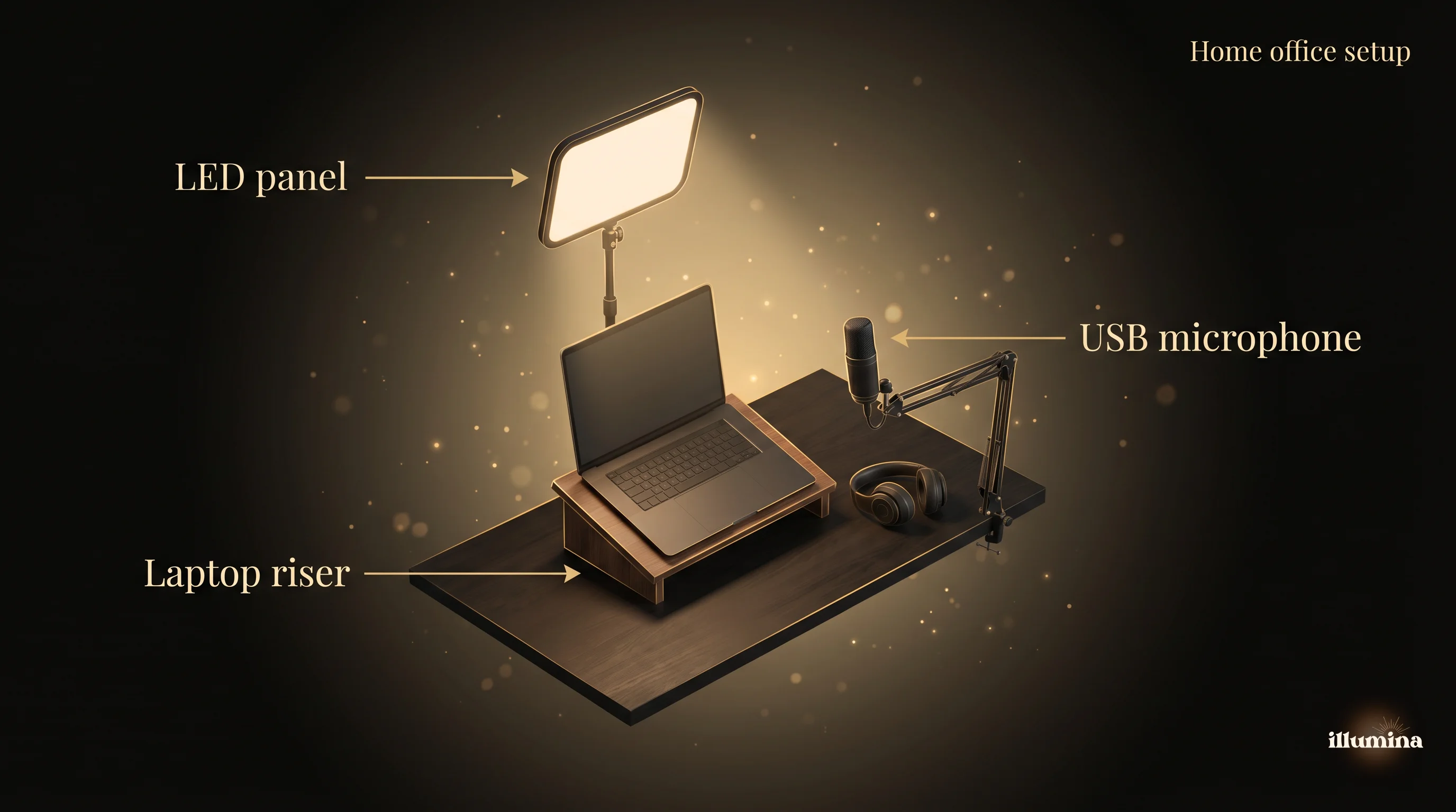 Home office video call setup with an LED panel behind the laptop, laptop raised on a stand, and a simple backdrop behind the chair