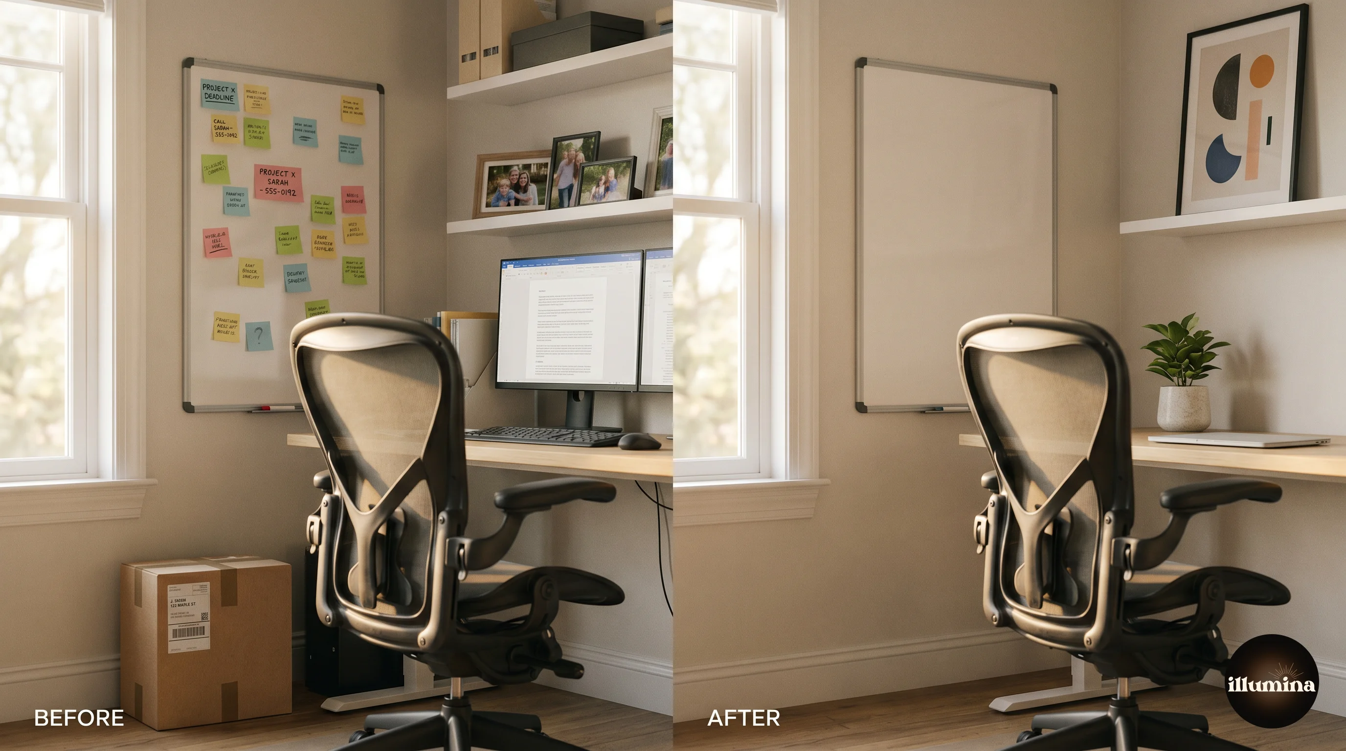 Side-by-side comparison of a home office background before and after a privacy cleanup, with sensitive items replaced with neutral decor