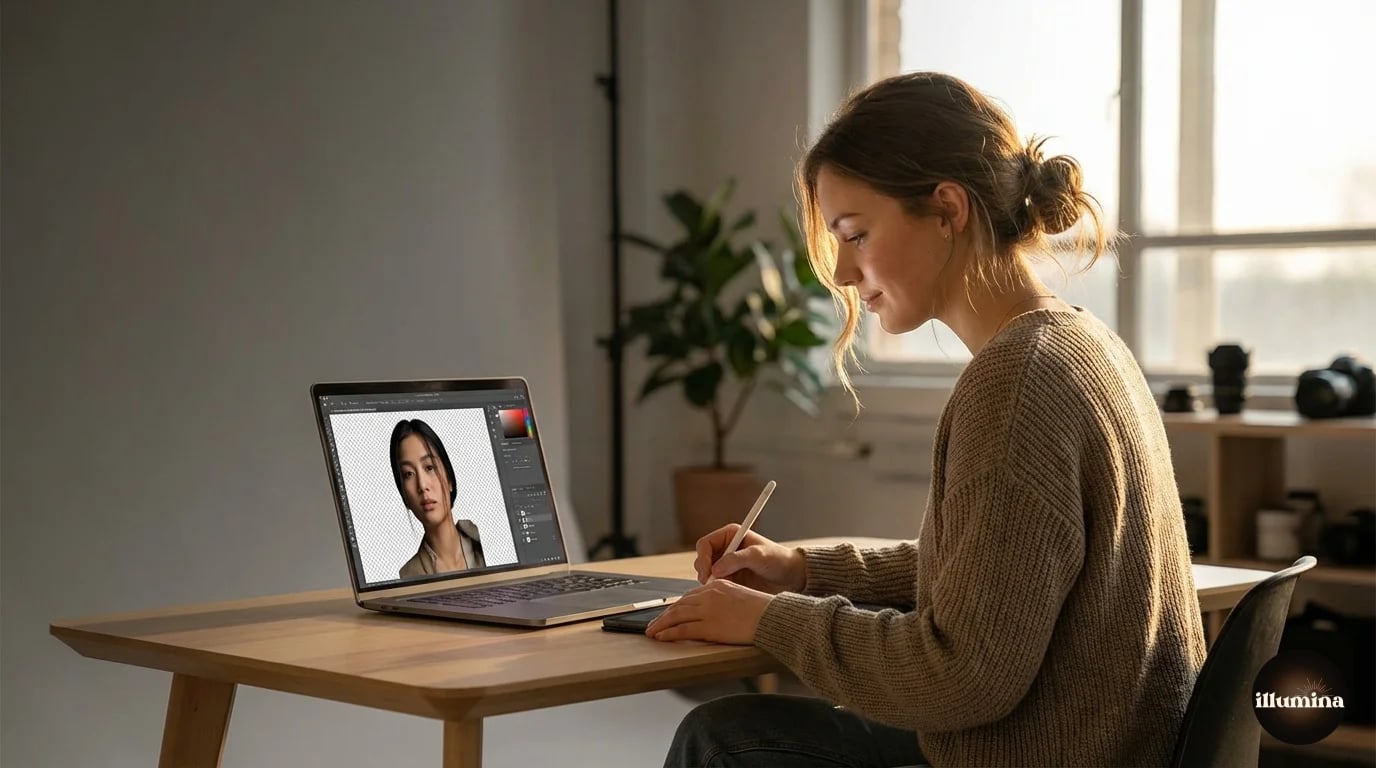 Photographer making an image background transparent on a laptop, showing a portrait being cut out into a transparent PNG