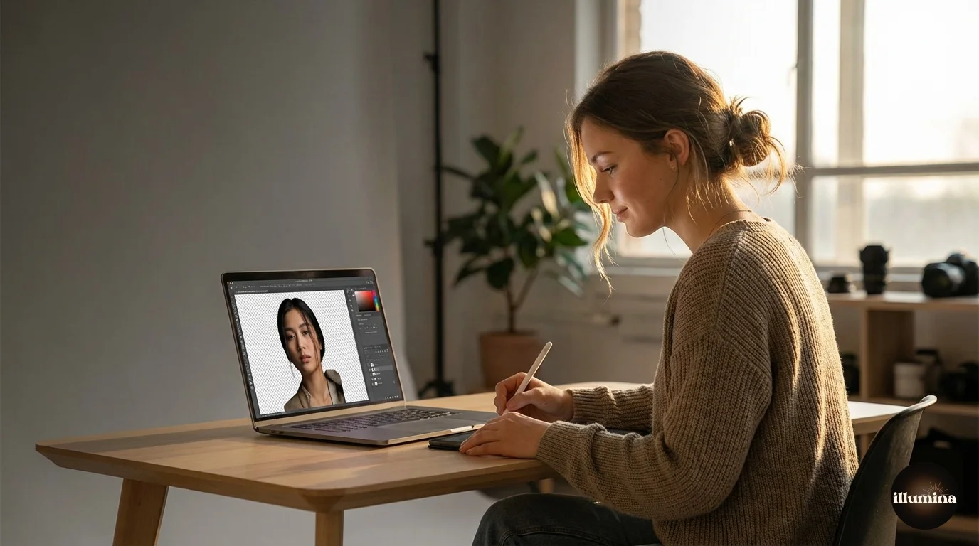 Photographer making an image background transparent on a laptop, showing a portrait being cut out into a transparent PNG