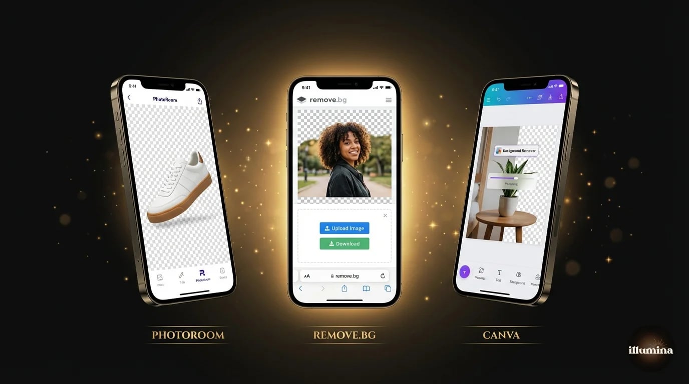 Comparison of third party iPhone apps for removing backgrounds from photos showing PhotoRoom and remove.bg