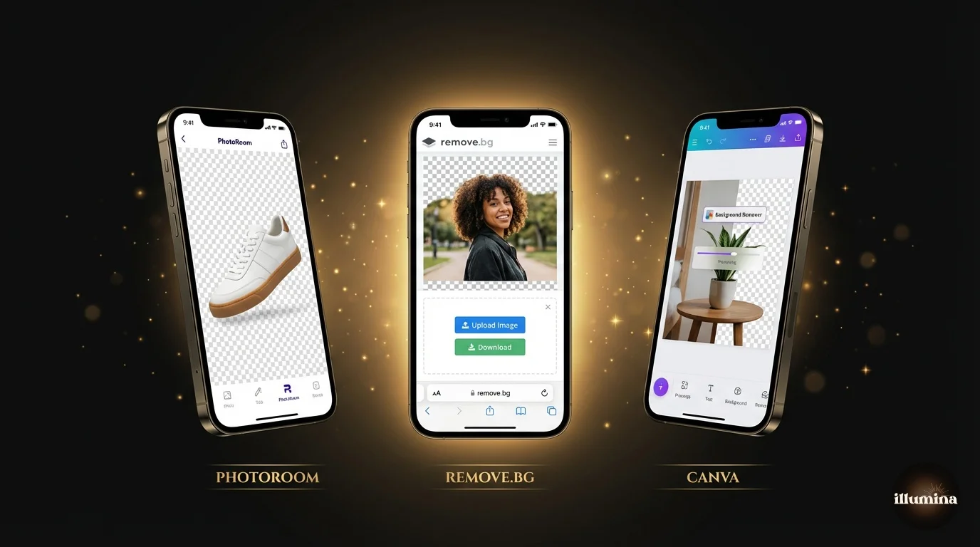 Comparison of third party iPhone apps for removing backgrounds from photos showing PhotoRoom and remove.bg