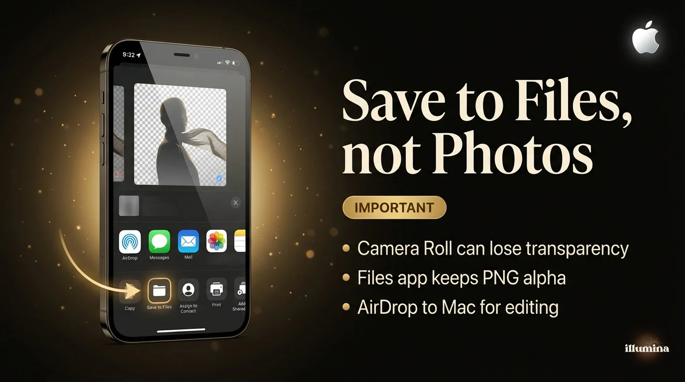 iPhone share sheet showing how to save a transparent cutout as a PNG file to the Files app