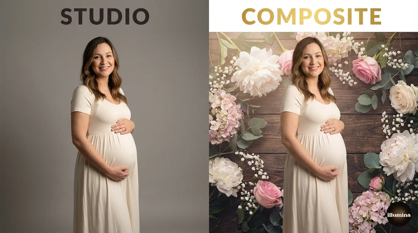 Before and after maternity composite from plain gray studio to dreamy floral digital backdrop