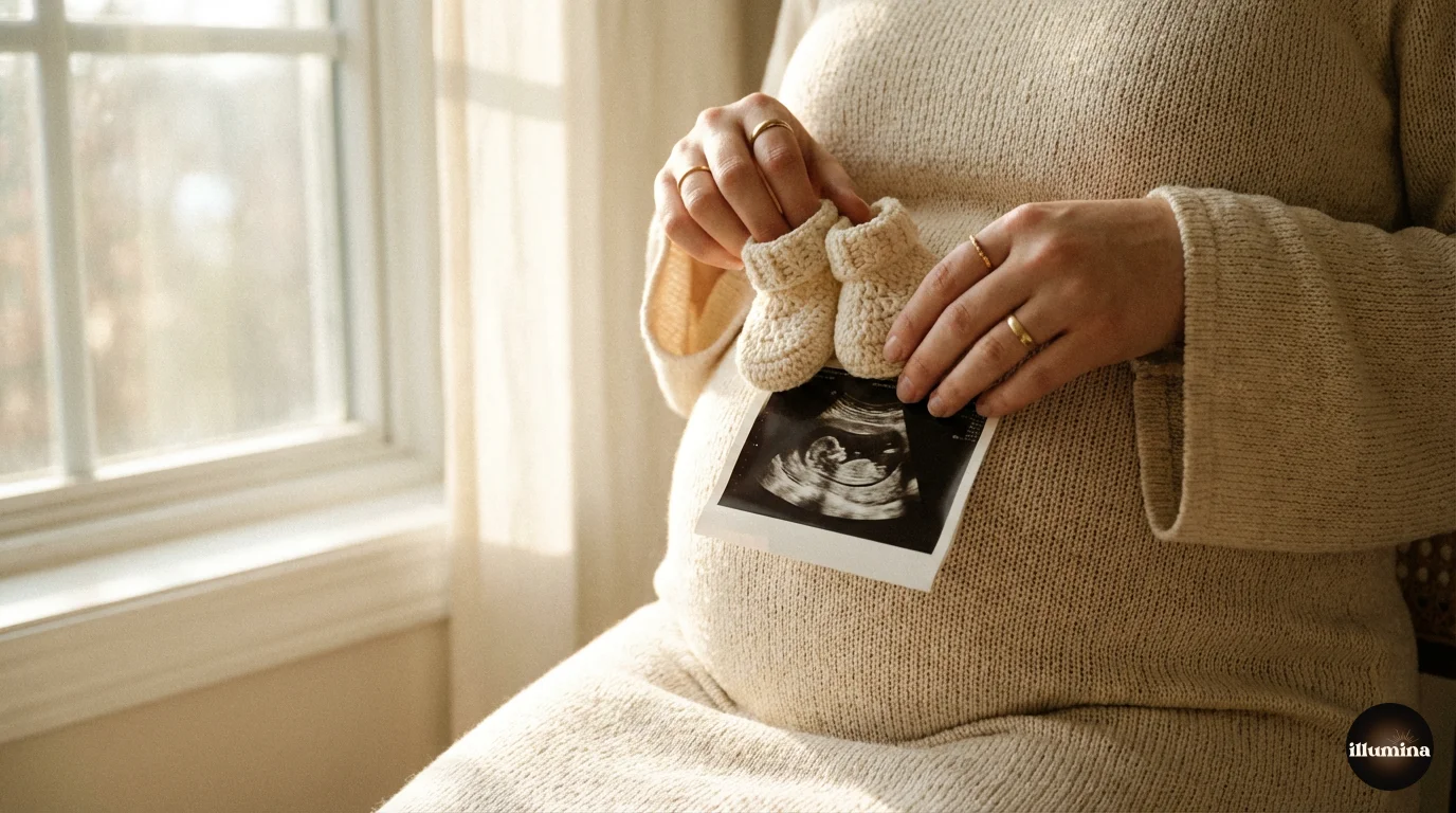 Close-up maternity photo with baby shoes and ultrasound image as meaningful props