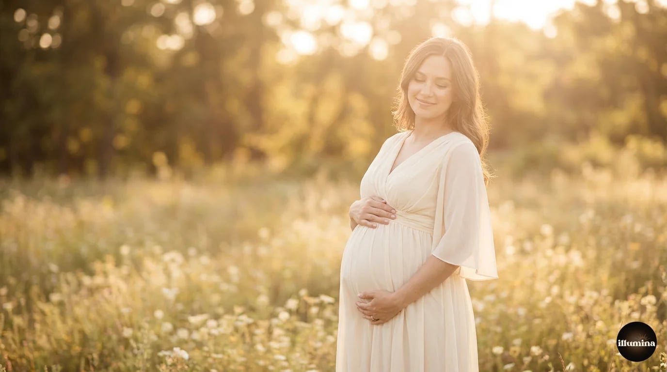 Pregnant woman at 30 weeks during golden hour showing ideal maternity photo timing