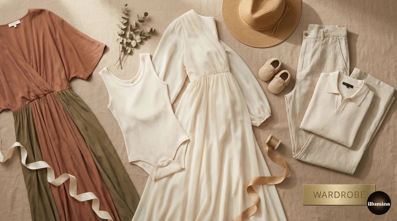 Maternity photoshoot wardrobe options: flowing gown, fitted bodysuit, and partner outfit