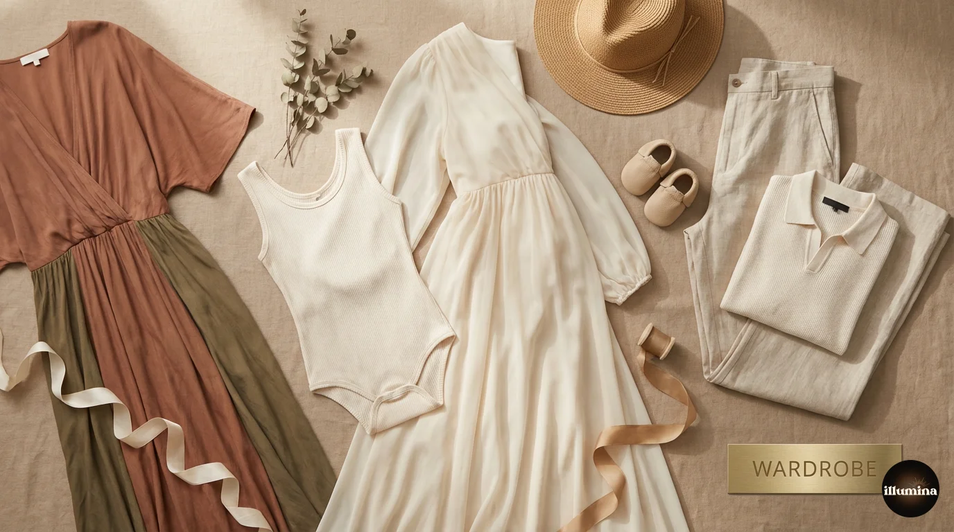 Maternity photoshoot wardrobe options: flowing gown, fitted bodysuit, and partner outfit