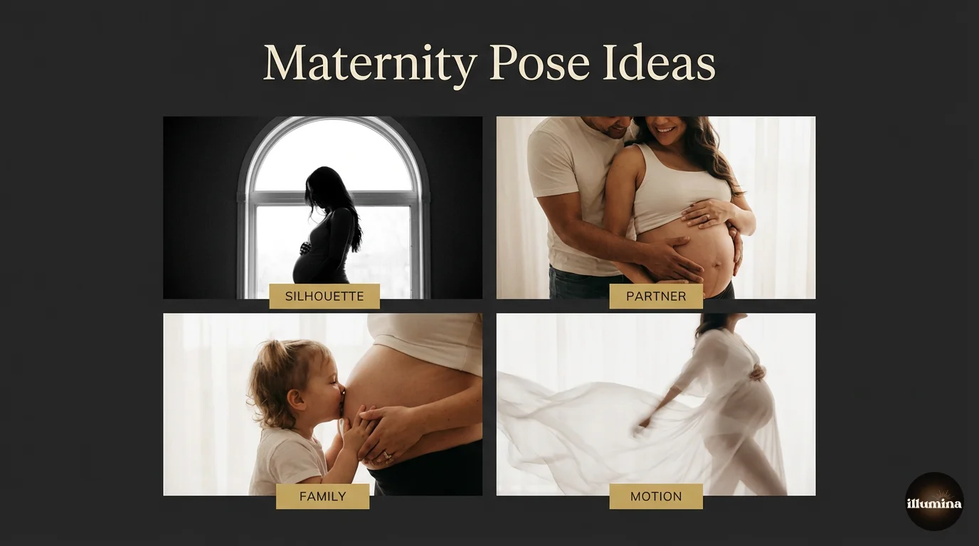 Four maternity pose ideas: silhouette, partner, family, and flowing fabric motion