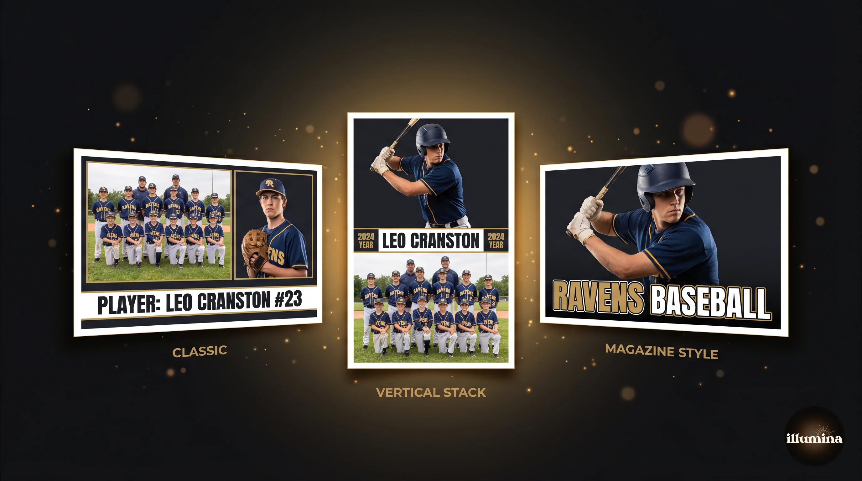 Three memory mate design layouts side by side: classic horizontal split, vertical stack, and magazine-style with player info across the middle