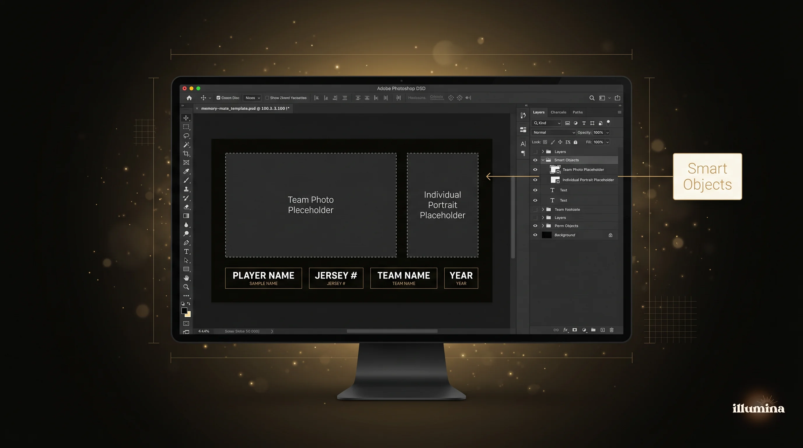 Photoshop workspace showing a memory mate template with smart object placeholders for team photo, individual portrait, and editable text for player name and jersey number