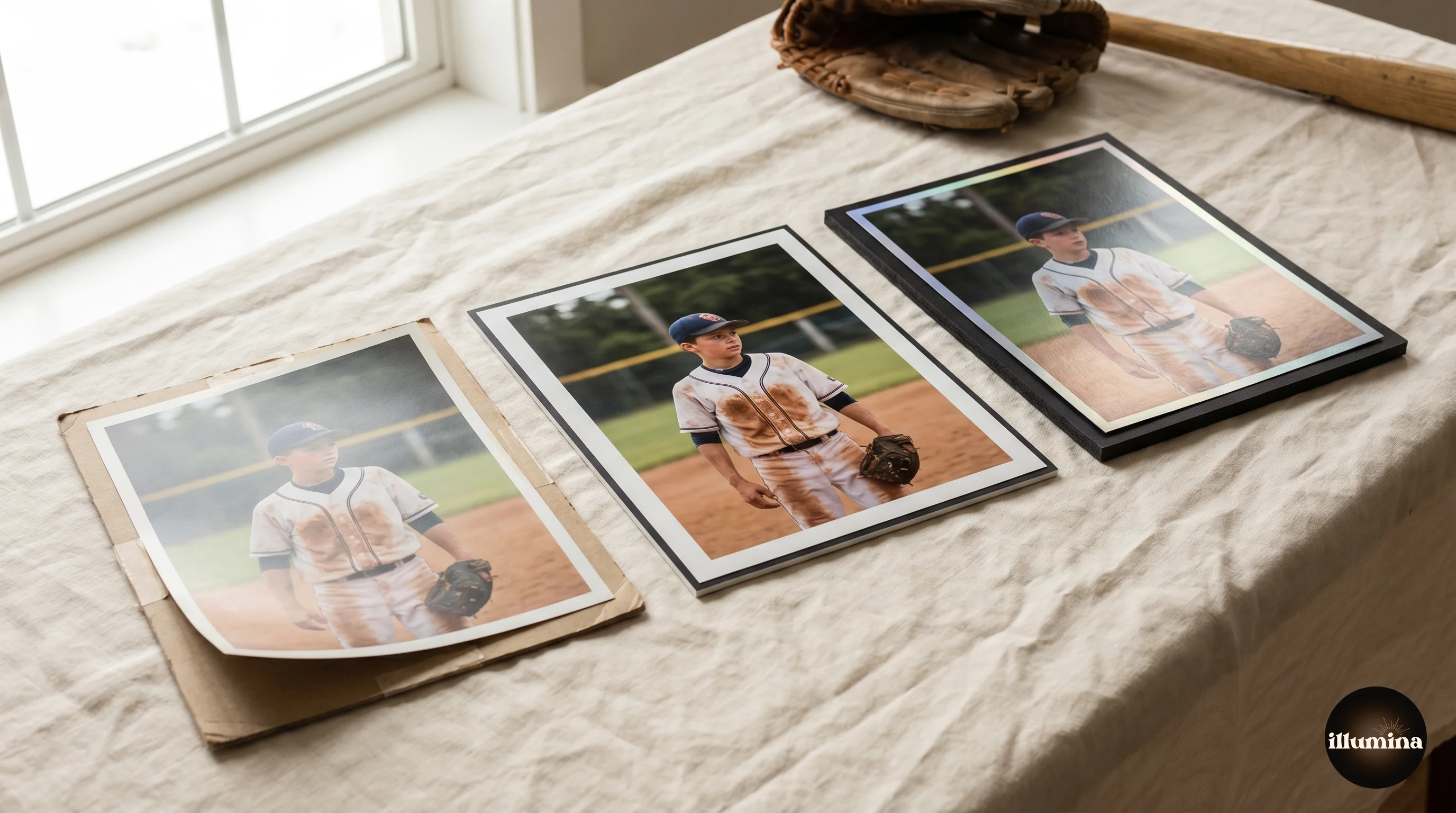 Three memory mates side by side showing different print quality levels: budget matte print, standard lustre mounted, and premium metallic with black core mounting