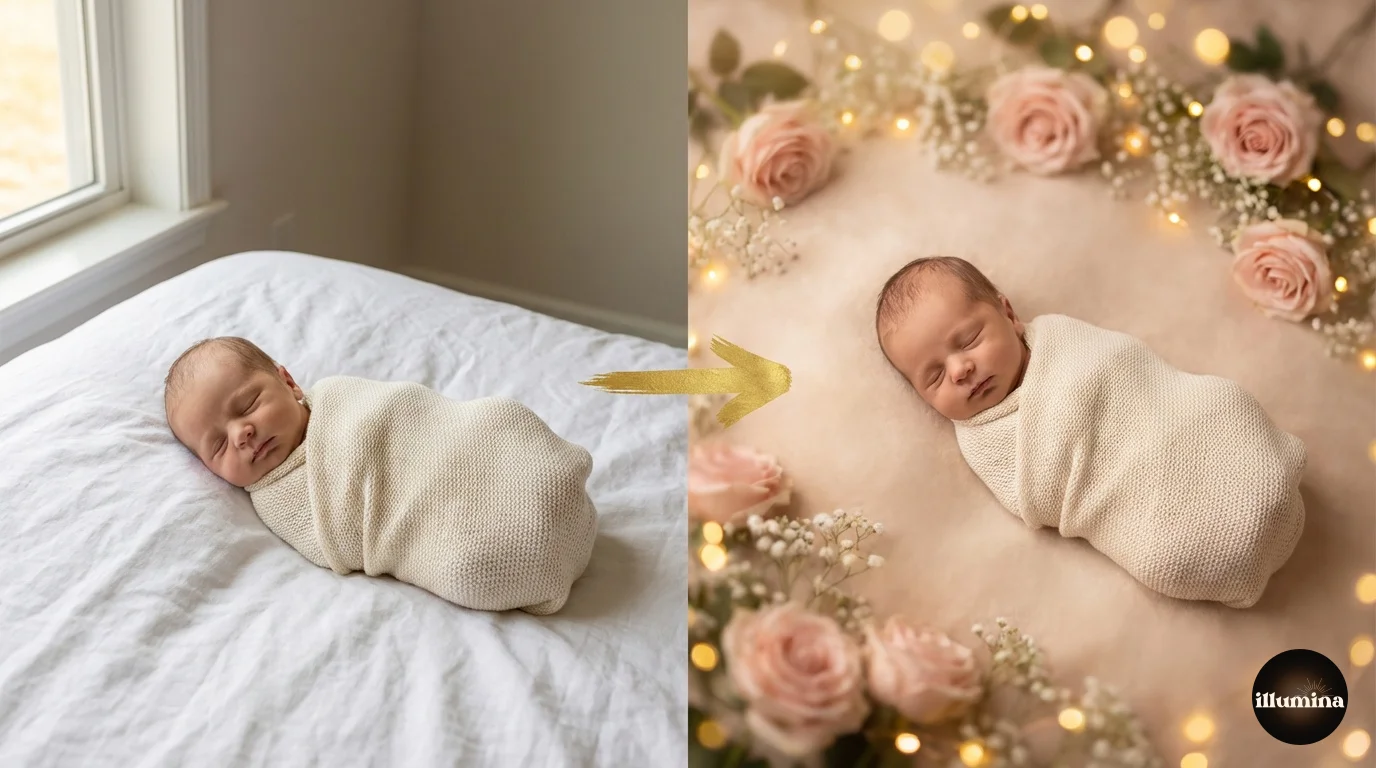 Before and after of a newborn portrait composited from a home setup onto a professional studio digital backdrop
