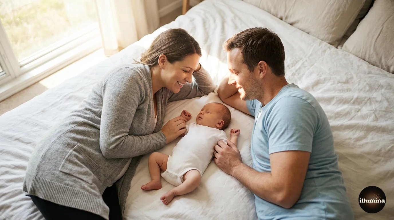 Parents holding their newborn baby on a bed near a window with soft natural light for a lifestyle newborn portrait