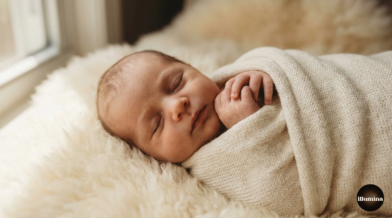 Newborn baby sleeping peacefully in a soft knit wrap on a cream blanket in warm window light