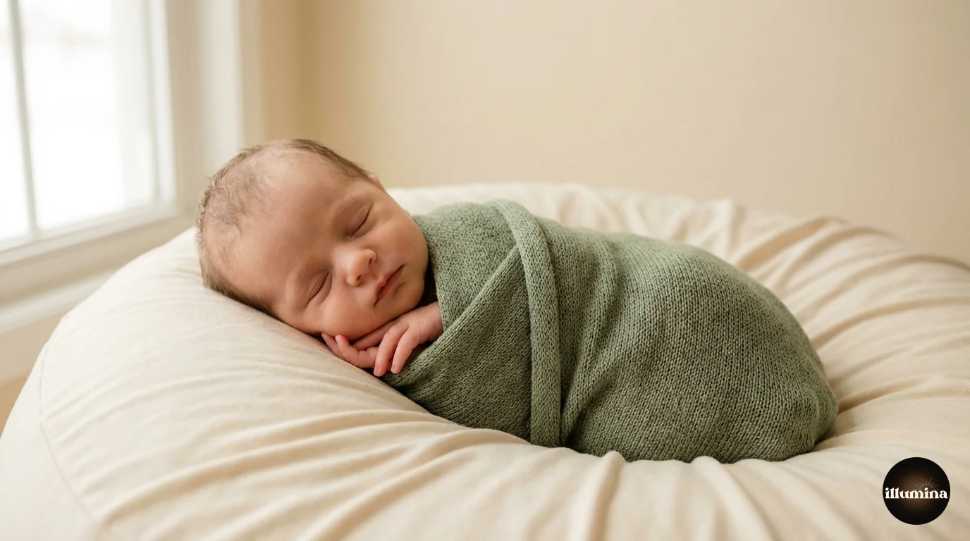 Newborn baby in a soft knit wrap posed on a cream backdrop in a professional studio setup