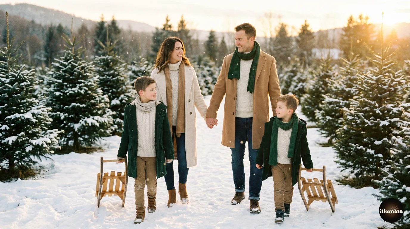 Outdoor family Christmas photo at a snowy tree farm during golden hour