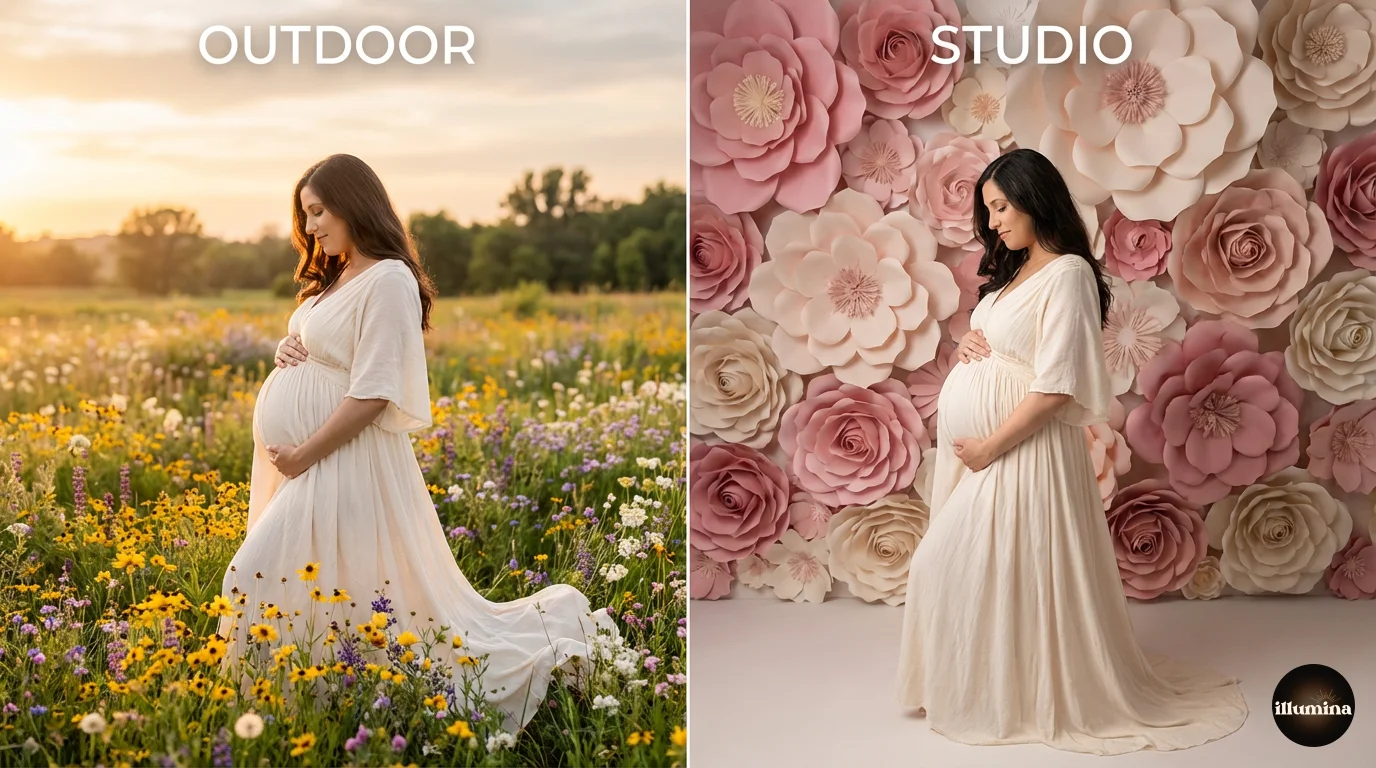 Comparison of outdoor golden hour and studio composite maternity photography