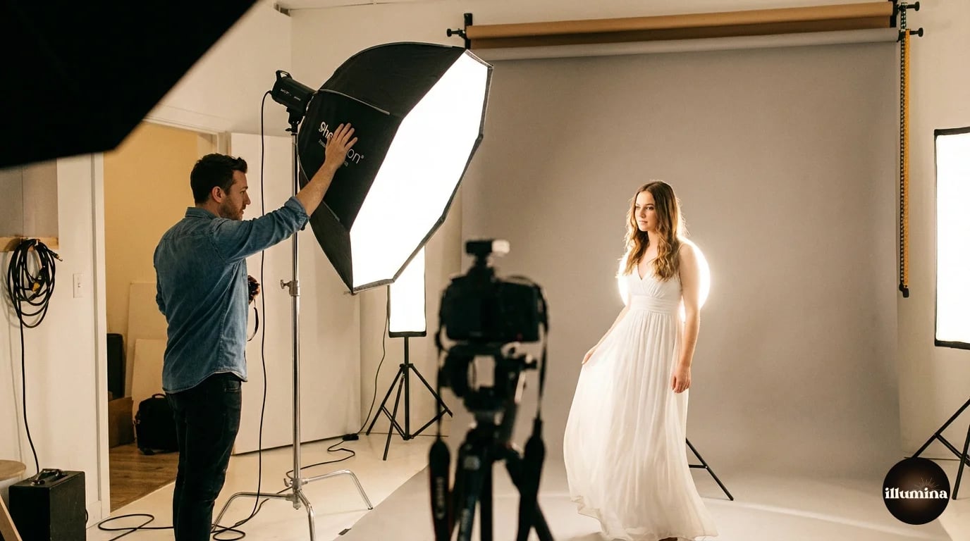 Photographer in a studio shooting a portrait against a gray backdrop for composite photography
