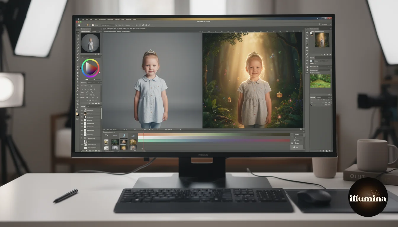 Computer monitor showing before and after of a child portrait composited onto a digital backdrop