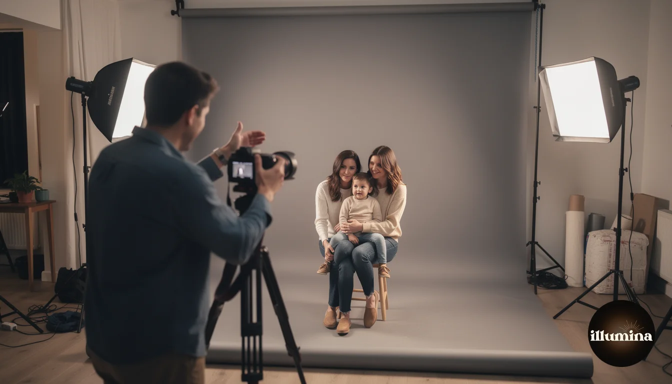 Photographer shooting a family portrait in a small studio with gray backdrop and studio lights