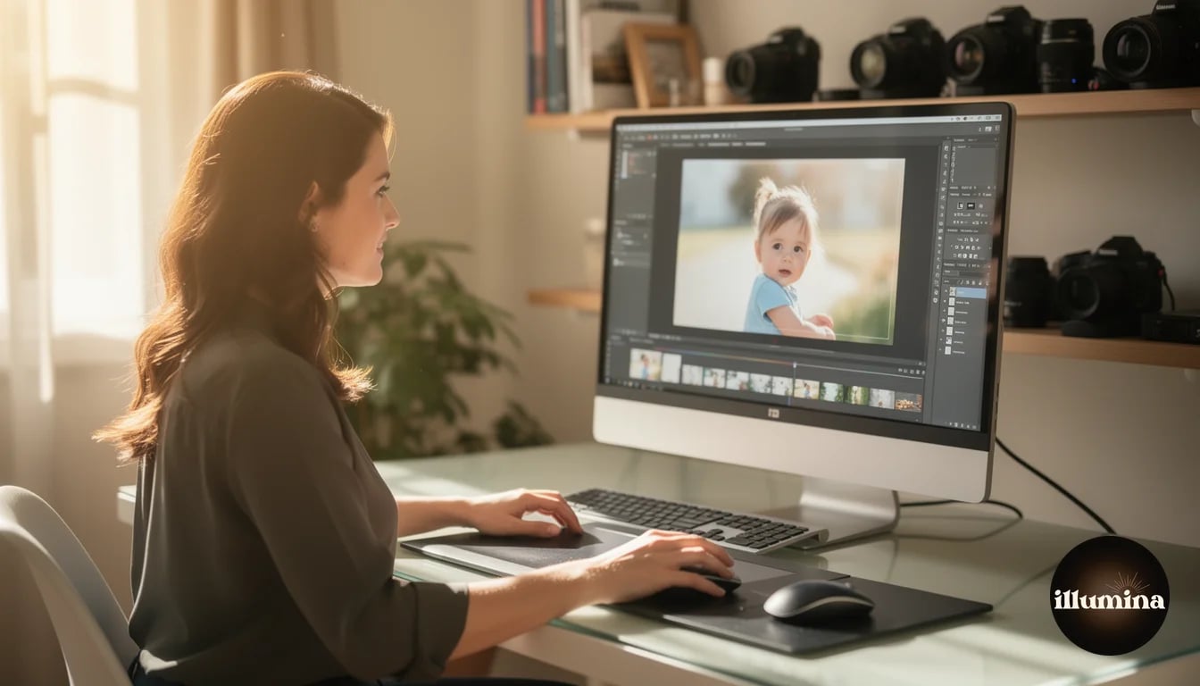 Female photographer at a modern desk editing a digital backdrop composite on a large monitor