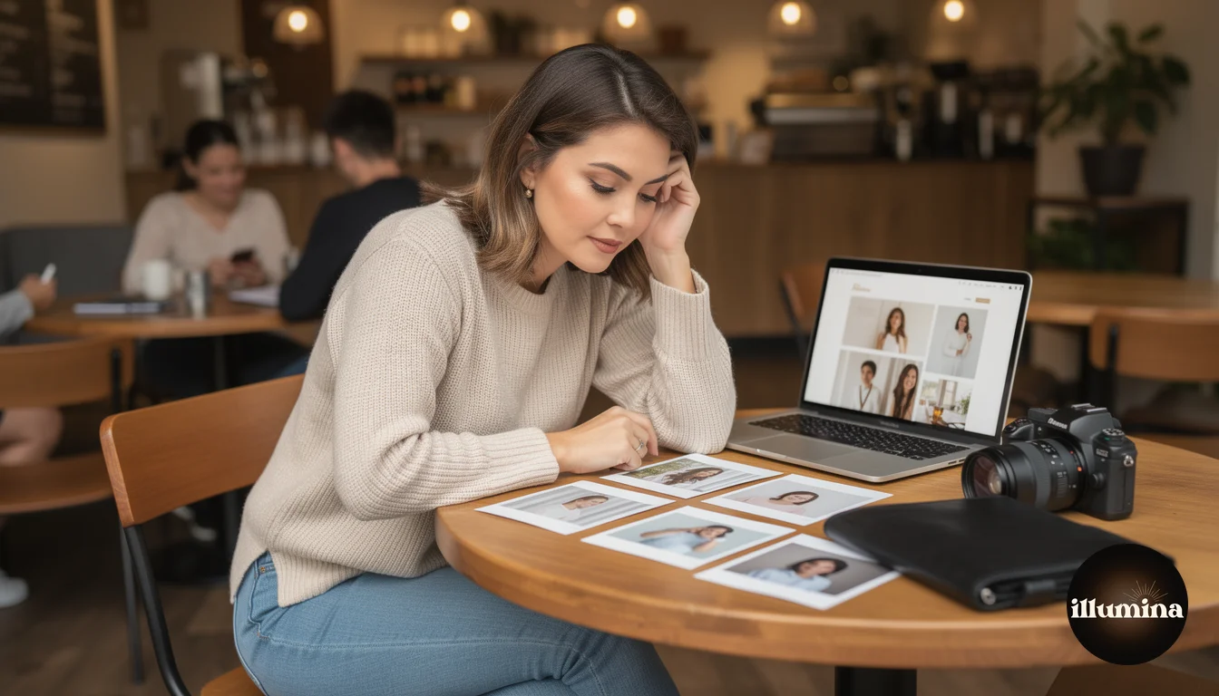 Photographer reviewing printed sample photos and portfolio book at a coffee shop, planning marketing