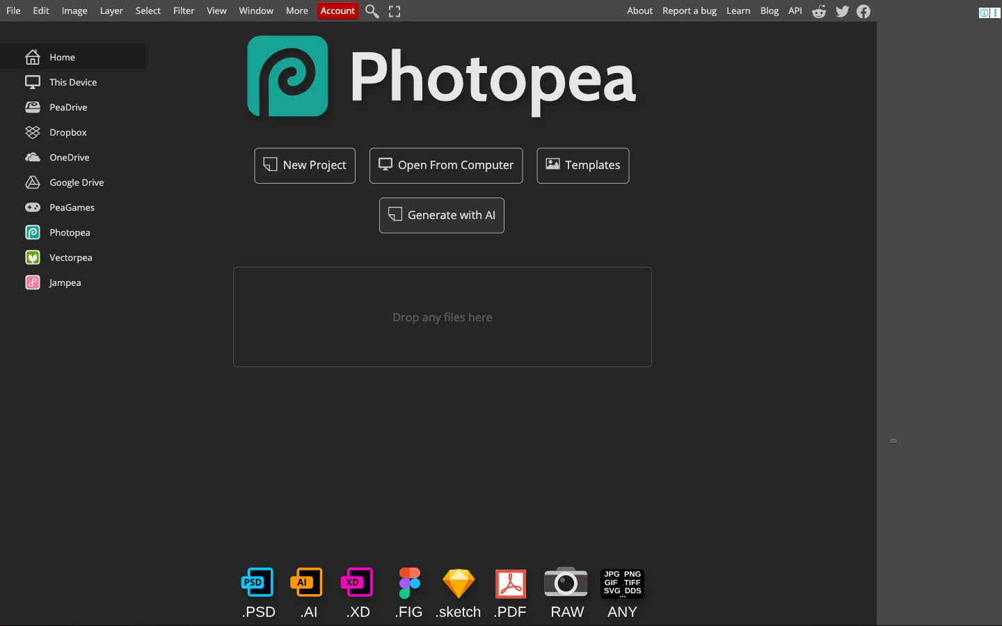 Photopea online photo editor interface with menu bar and file storage panel