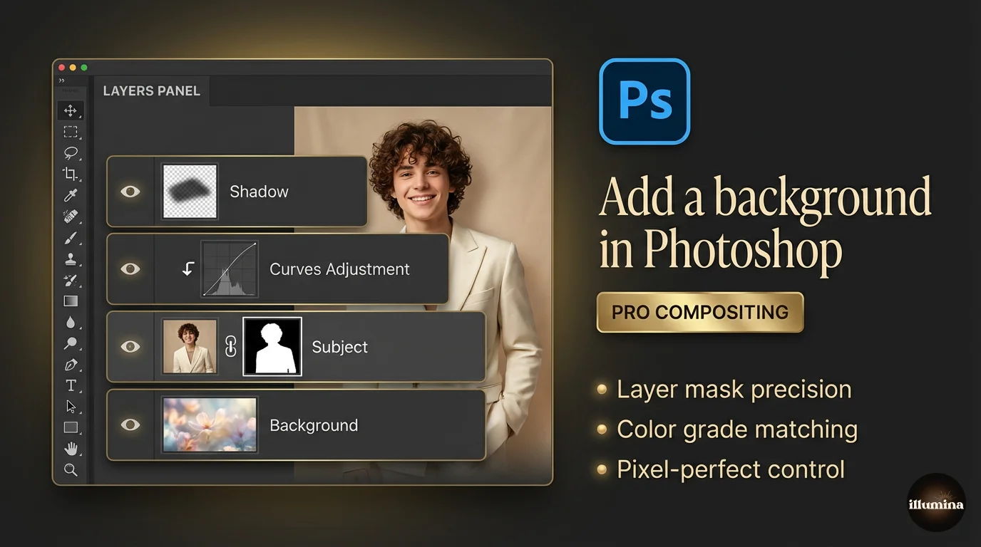 Photoshop layers panel showing backdrop, subject mask, curves, and shadow layers for a composite photo