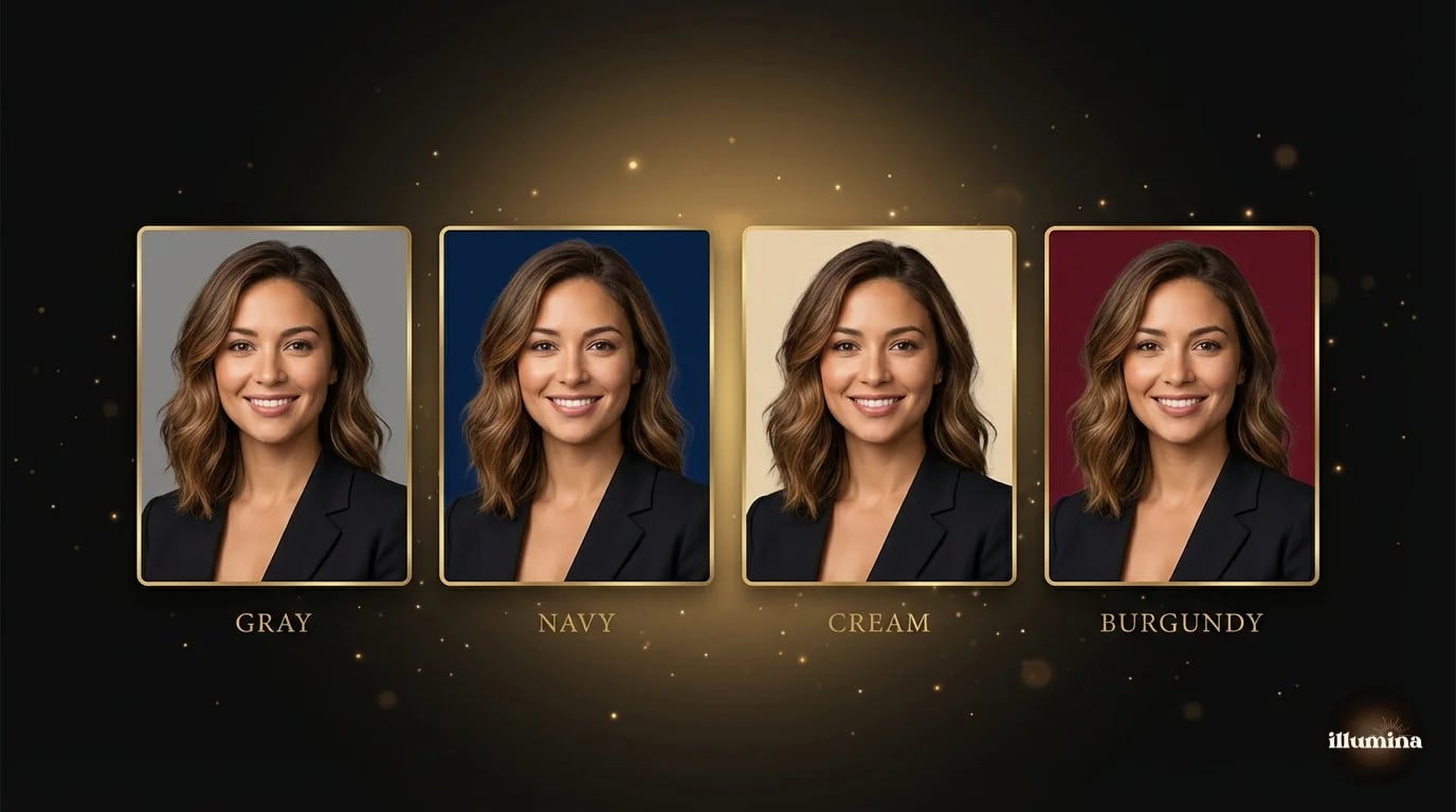 Four headshot portraits of the same woman against different background colors showing gray, navy, cream, and burgundy options
