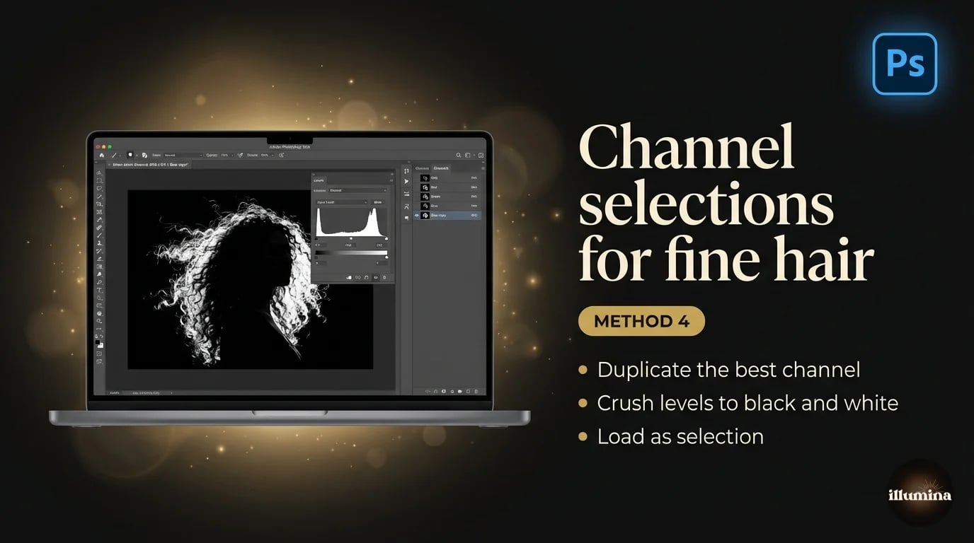 Photoshop Channels panel showing a contrast-boosted channel being used to mask fine hair against a plain background