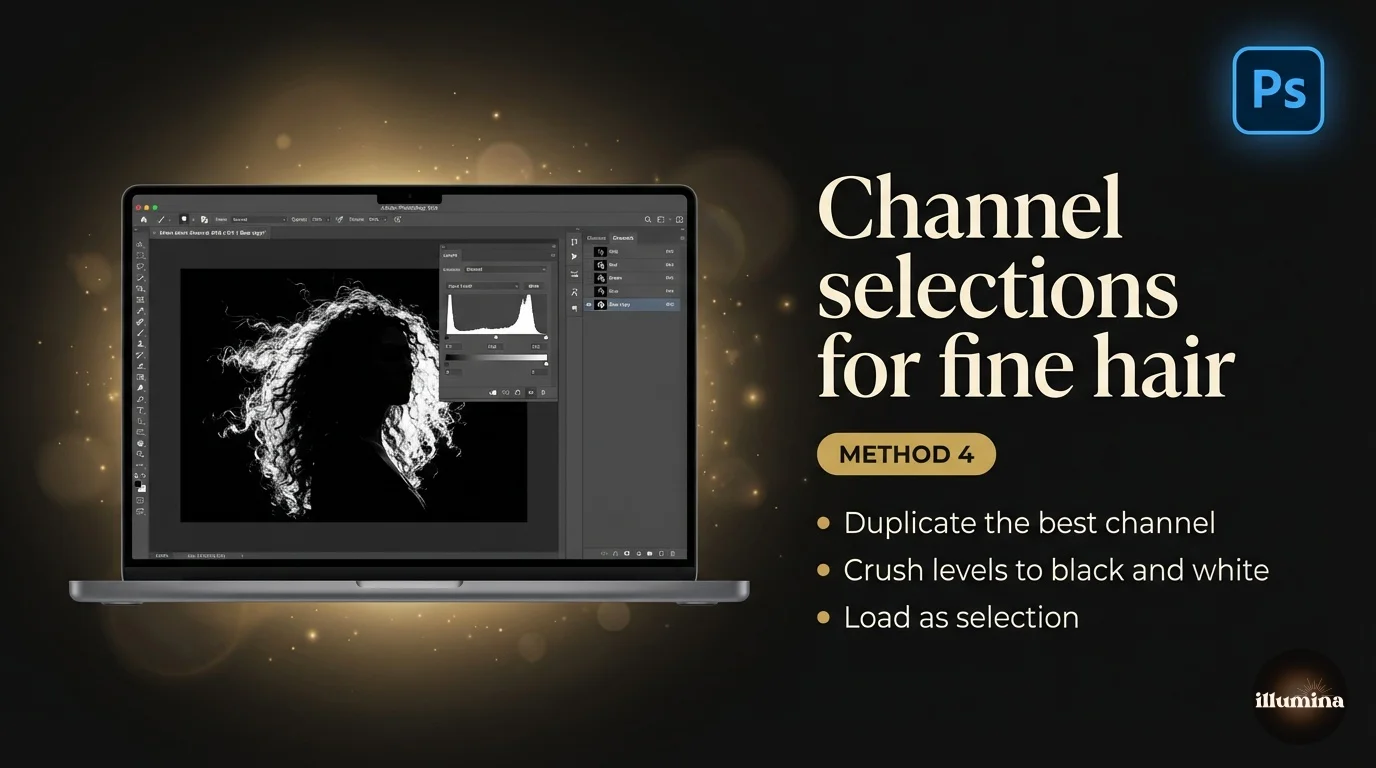 Photoshop Channels panel showing a contrast-boosted channel being used to mask fine hair against a plain background