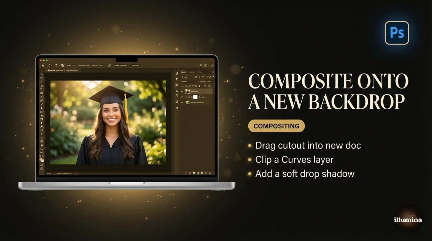 Photoshop composite of a portrait cutout placed onto a new digital backdrop scene with color matching applied