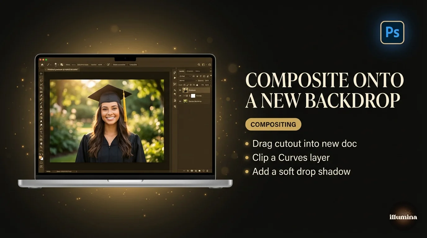 Photoshop composite of a portrait cutout placed onto a new digital backdrop scene with color matching applied