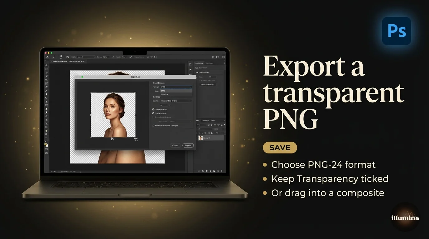 Photoshop Export As dialog showing a portrait being saved as a transparent PNG with a layer mask