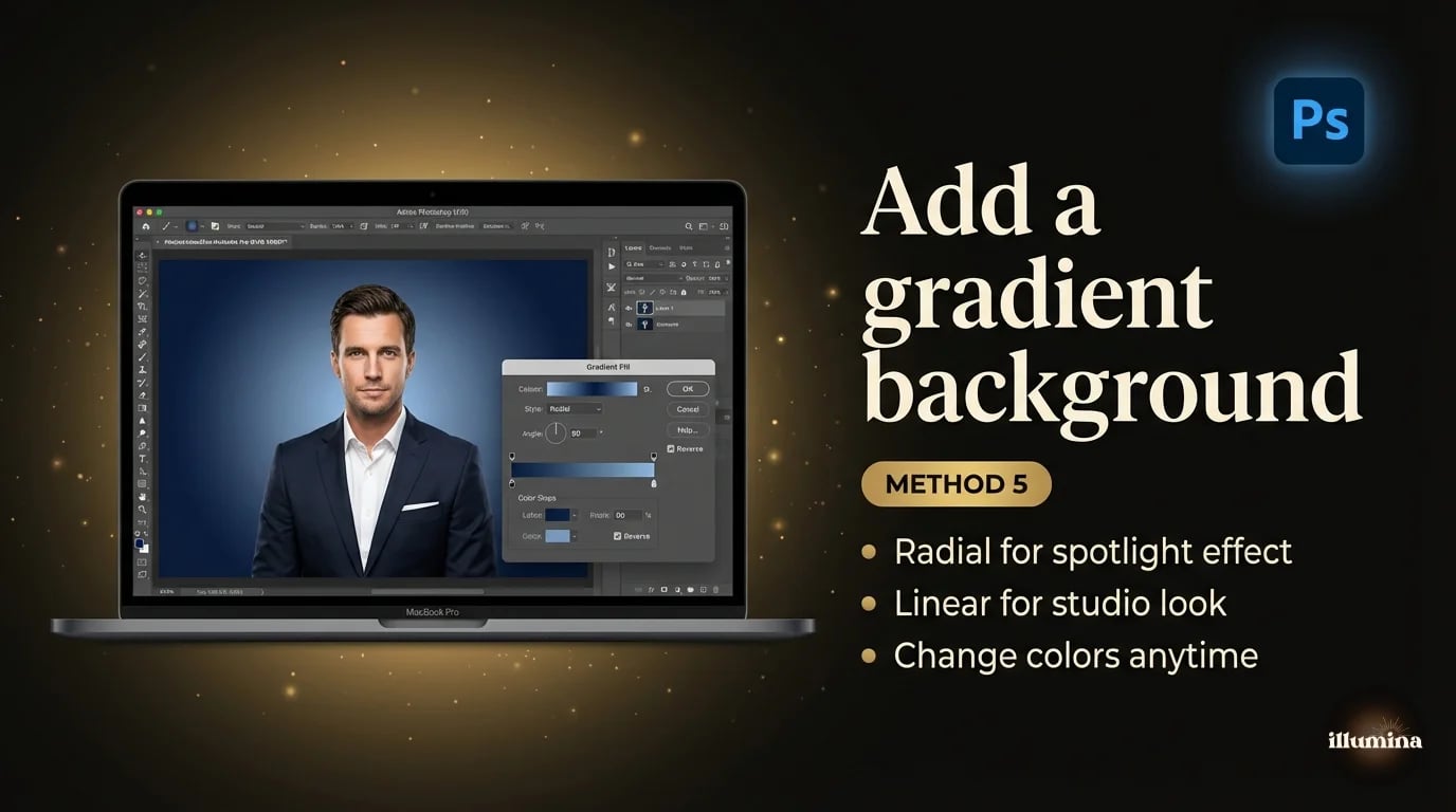 Photoshop showing a portrait with a smooth gradient background transitioning from dark blue to soft purple