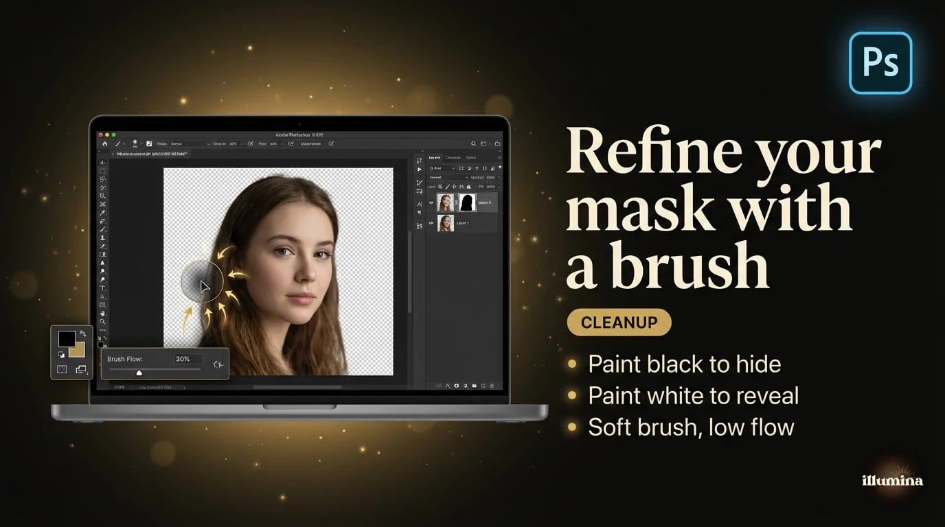 Photoshop layer mask being refined with a soft brush to fix missed edges on a portrait cutout