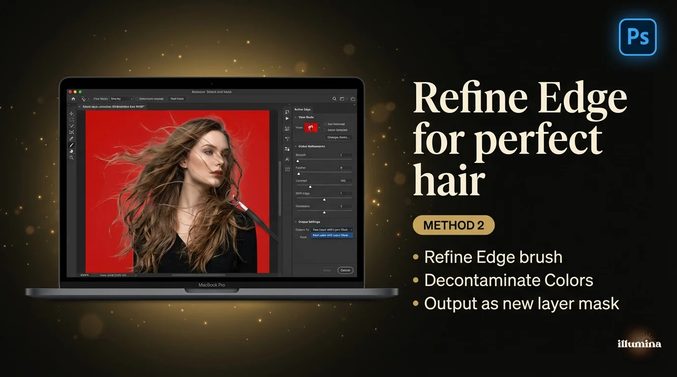Photoshop Select and Mask workspace refining hair edges on a portrait with the Refine Edge brush