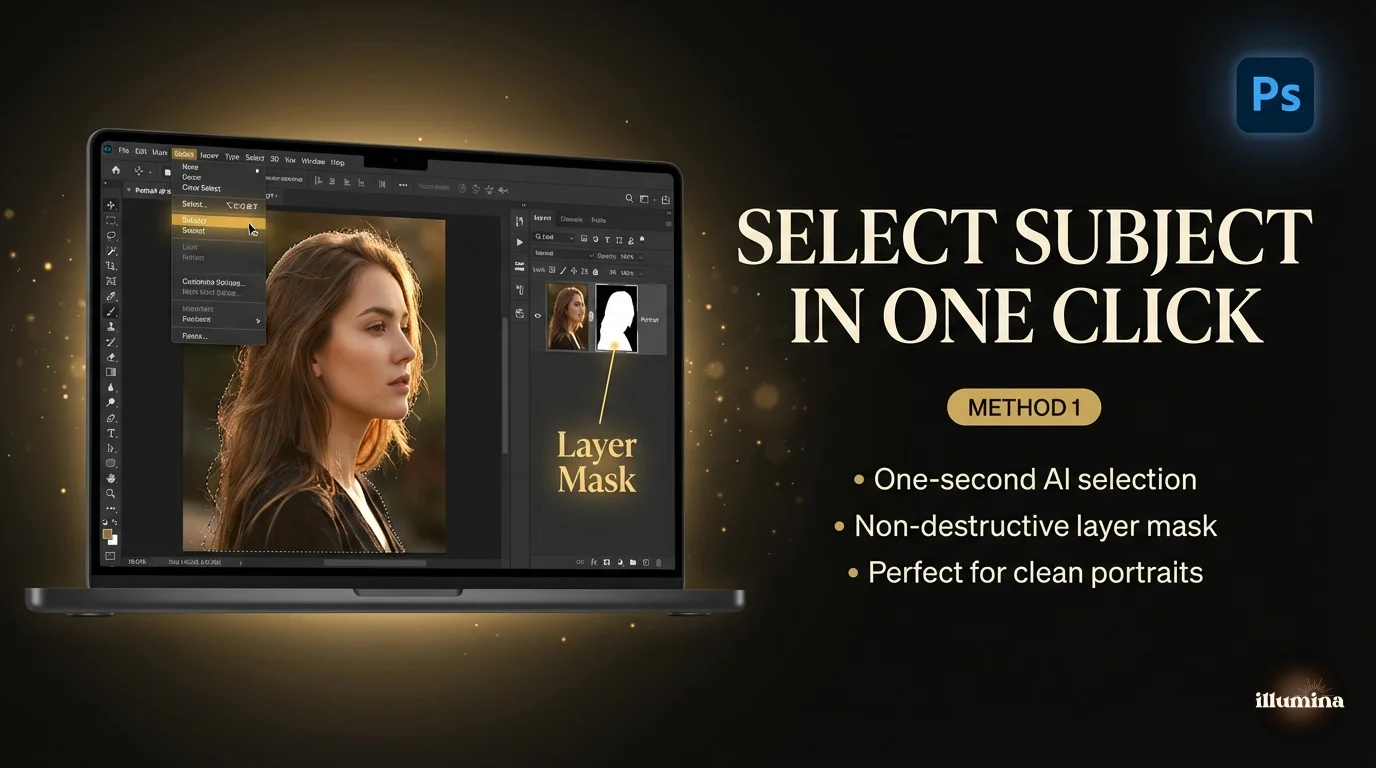 Photoshop Select Subject feature creating a layer mask on a portrait to remove the background